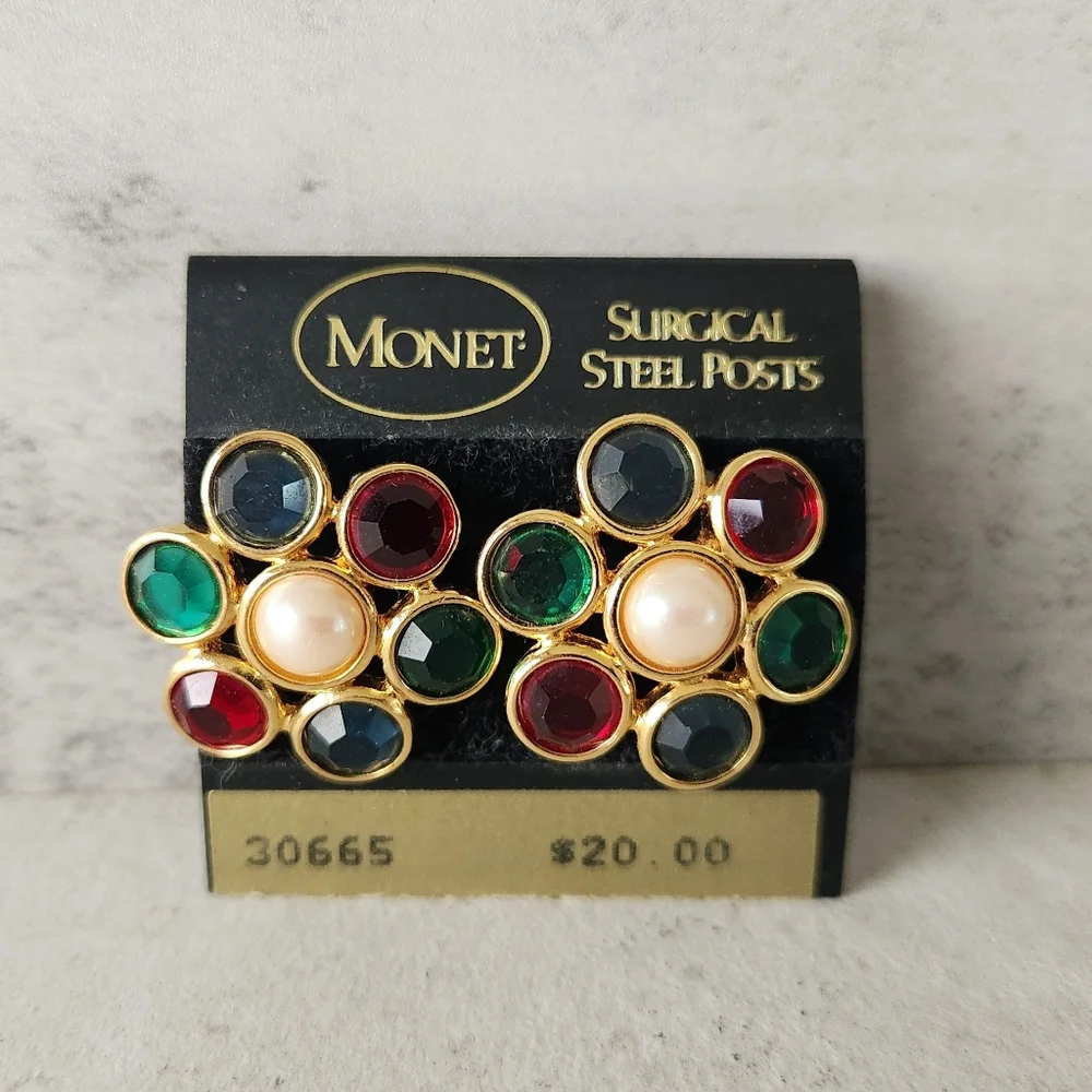 Vintage Monet Faceted Red Blue Green Glass Faux Pearl Round Flower Post Earrings